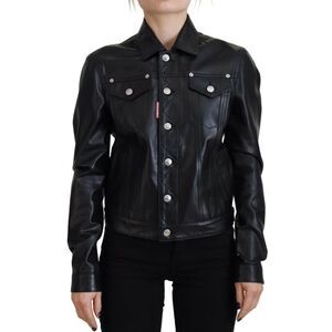 Dsquared² Black Leather Collared Long Sleeves Women's Jacket